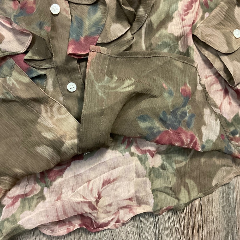 Lauren Ralph Lauren Silk Ruffle Georgette Floral Sheer Blouse Womens XS Olive - Picture 5 of 7